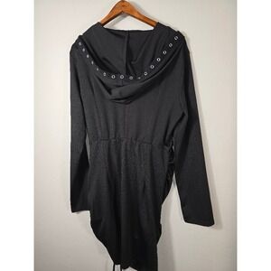 Womens Black Goth Hoodie Laceup Dress Long Sleeve Drawstring Ruched Mini‎ Dress